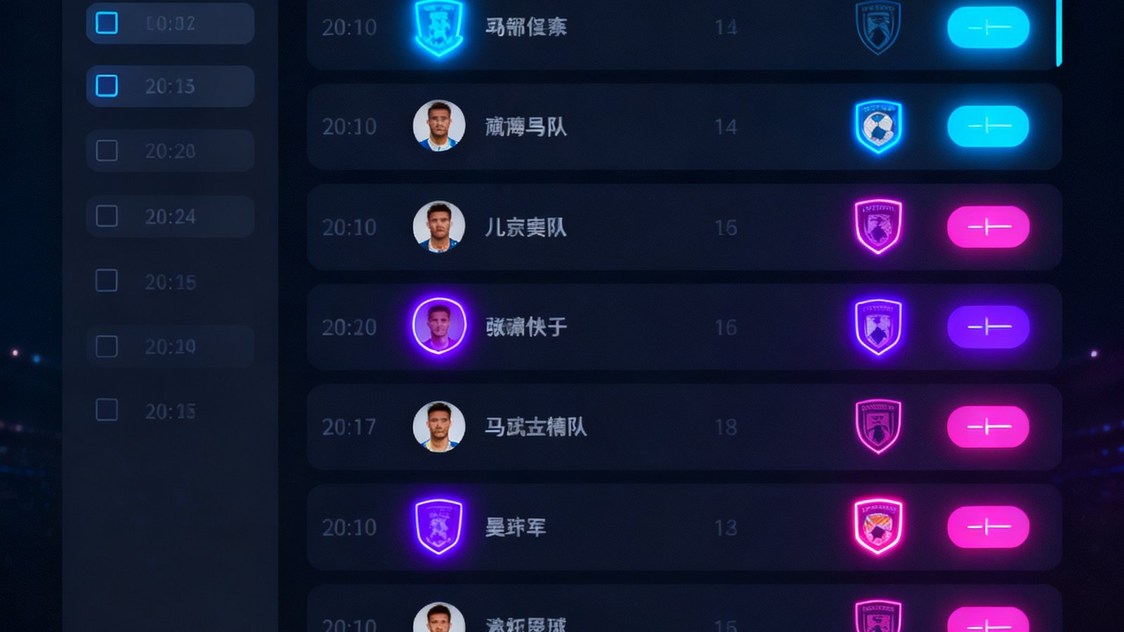球速体育赛程日历功能界面，展示按英超、NBA、LOL联赛分类的比赛列表，支持日期筛选和球队搜索，深色主题搭配霓虹高亮标记重要赛事